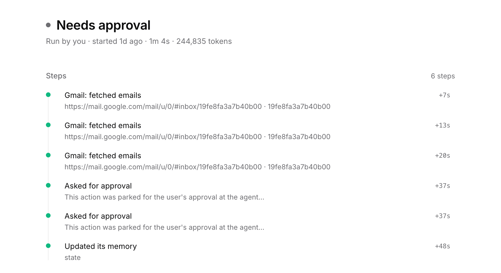 A Skopx agent run: the step timeline with two actions parked for approval