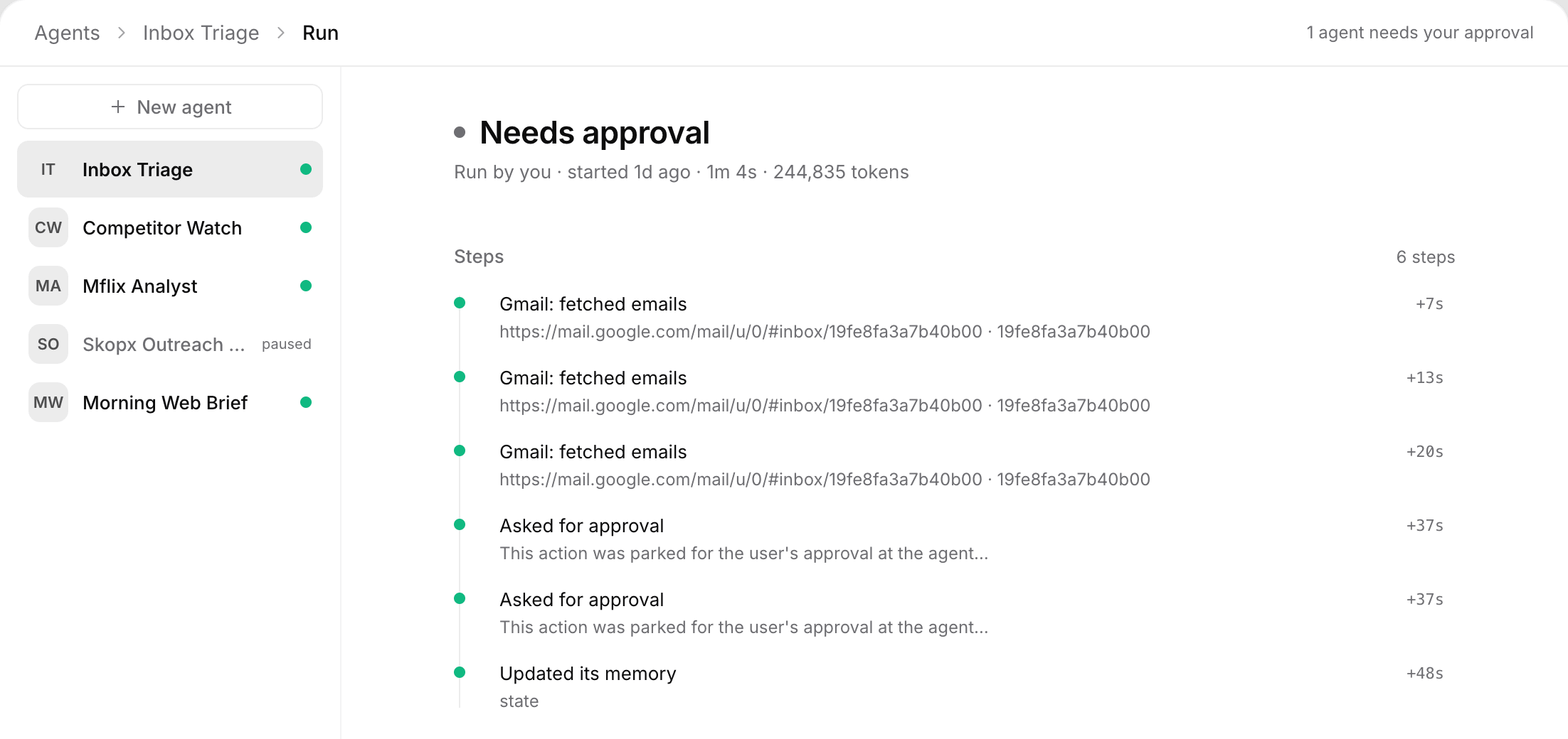 The Skopx agents workspace: agents in a rail on the left, and a run on the right showing its step timeline, with two actions parked for approval