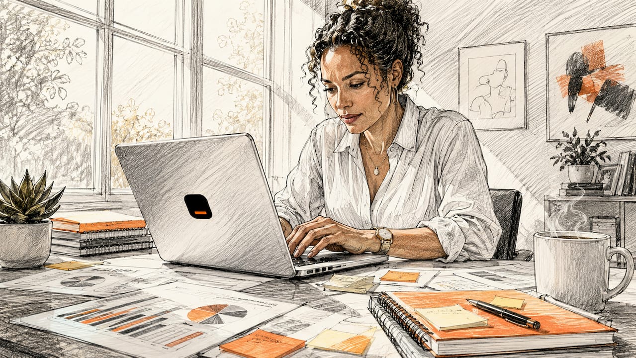 Business analyst working on laptop with reports