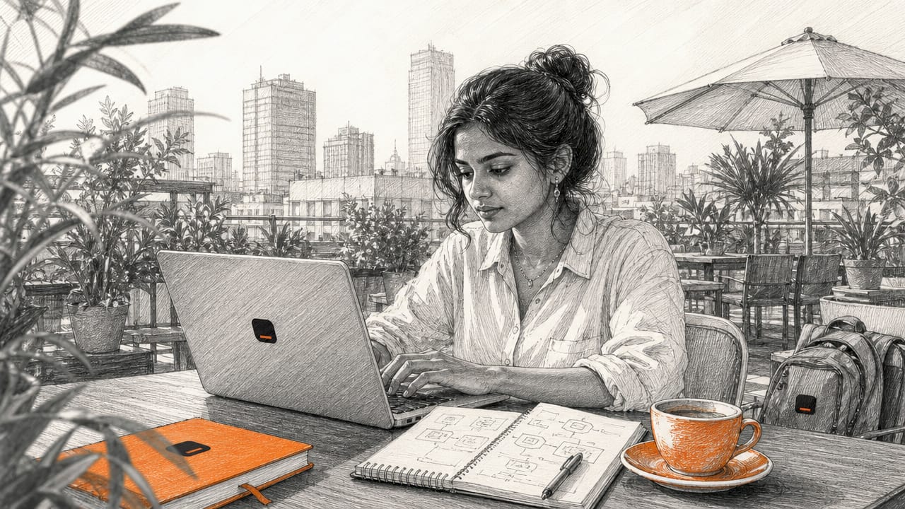 Woman typing AI query with schema prints