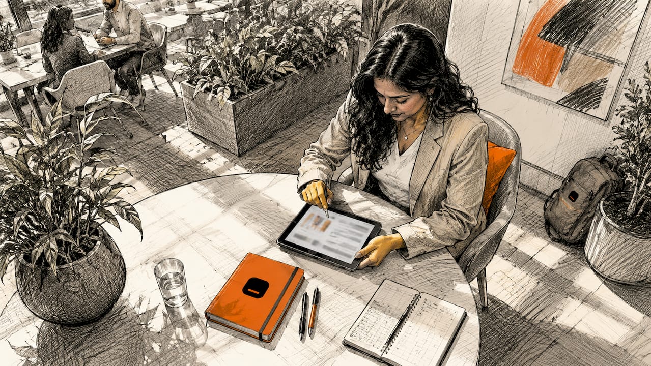 Businesswoman working with tablet and documents