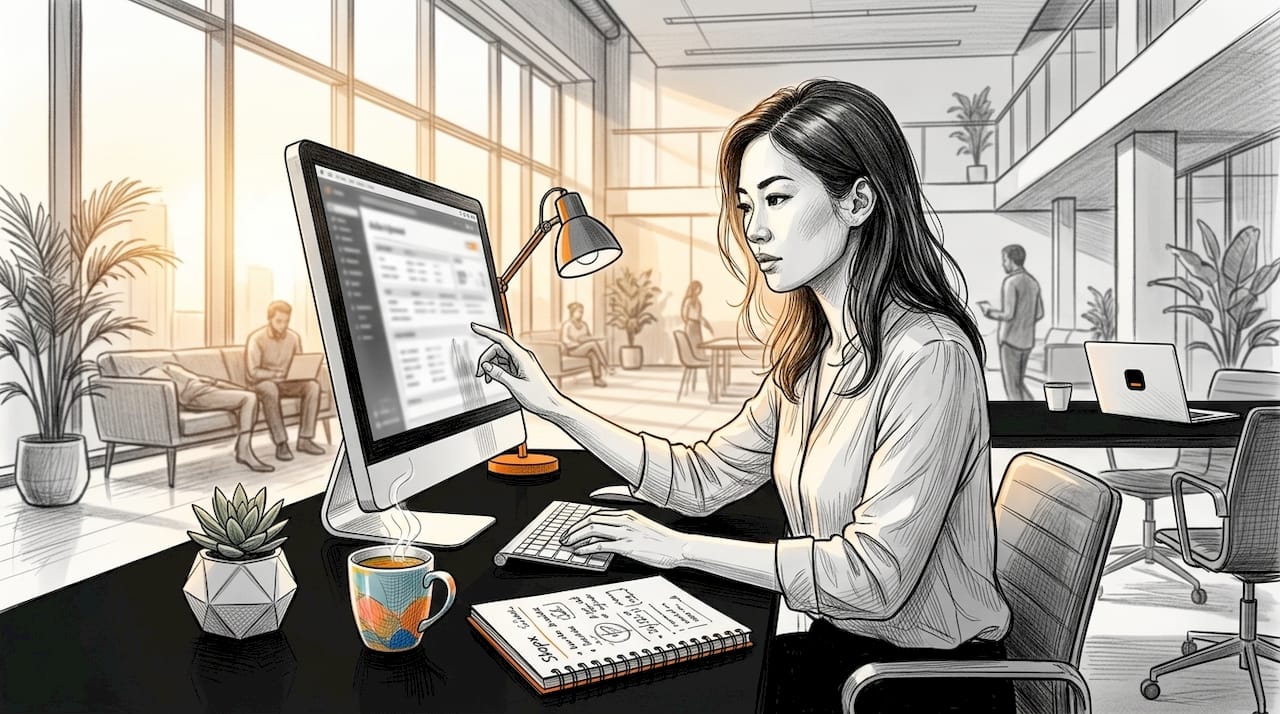 Woman using touchscreen in office for data workflow