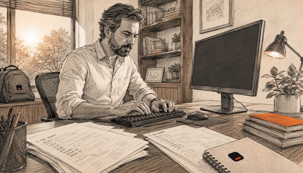 Analyst typing SQL queries at cluttered desk